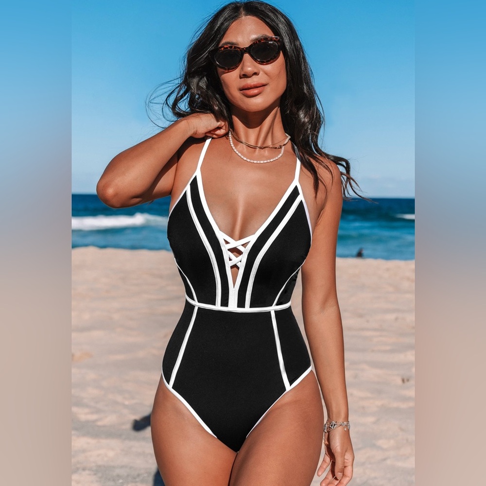 Monochrome Plunging Crossback Slim & Sculpt One-Piece NWT